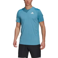 Adidas Men's 3 Stripes Club Top (Hazy Blue/White) 13 Adidas Men's 3 Stripes Club Top (Hazy Blue/White) -Racquet Equipment Shop GL5404 APP on model front white