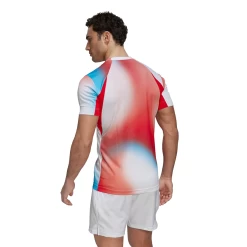 Adidas Men's Melbourne FreeLift Printed Top (White/Vivid Red/Black) 14 Adidas Men's Melbourne FreeLift Printed Top (White/Vivid Red/Black) -Racquet Equipment Shop H67126 APP on model back white