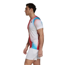 Adidas Men's Melbourne FreeLift Printed Top (White/Vivid Red/Black) 15 Adidas Men's Melbourne FreeLift Printed Top (White/Vivid Red/Black) -Racquet Equipment Shop H67126 APP on model side white
