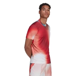 Adidas Men's Melbourne FreeLift Printed Top (White/Vivid Red/Black) 16 Adidas Men's Melbourne FreeLift Printed Top (White/Vivid Red/Black) -Racquet Equipment Shop H67126 APP on model walking white