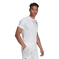 Adidas Men's Melbourne FreeLift Printed Top (White/Red) 13 Adidas Men's Melbourne FreeLift Printed Top (White/Red) -Racquet Equipment Shop HA3344 APP on model walking white
