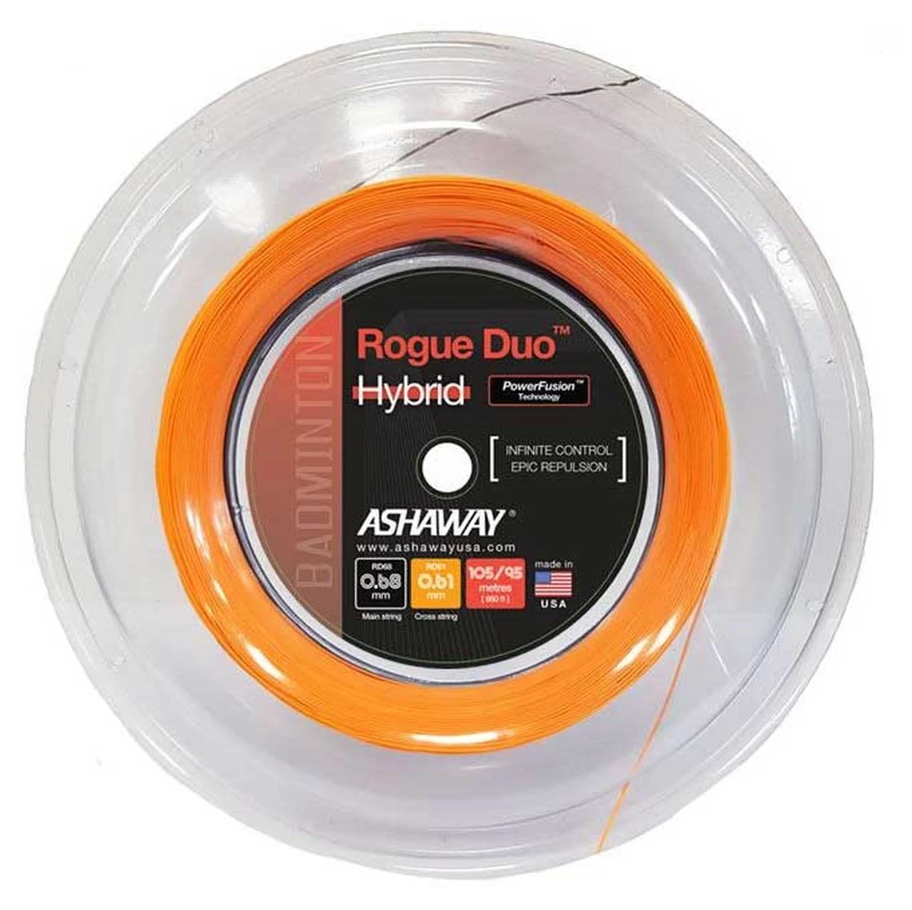 Ashaway Rogue Duo Hybrid Badminton String Reel (Black/Orange) 3 Ashaway Rogue Duo Hybrid Badminton String Reel (Black/Orange)